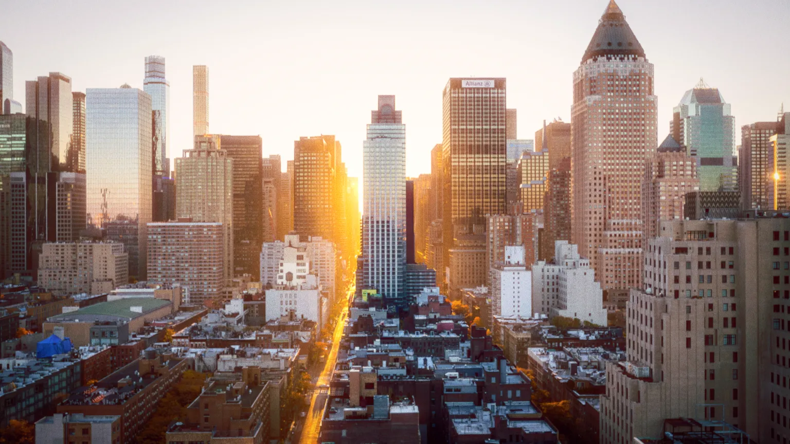City skyline at golden hour, graded with the hance kodachrome-64 look