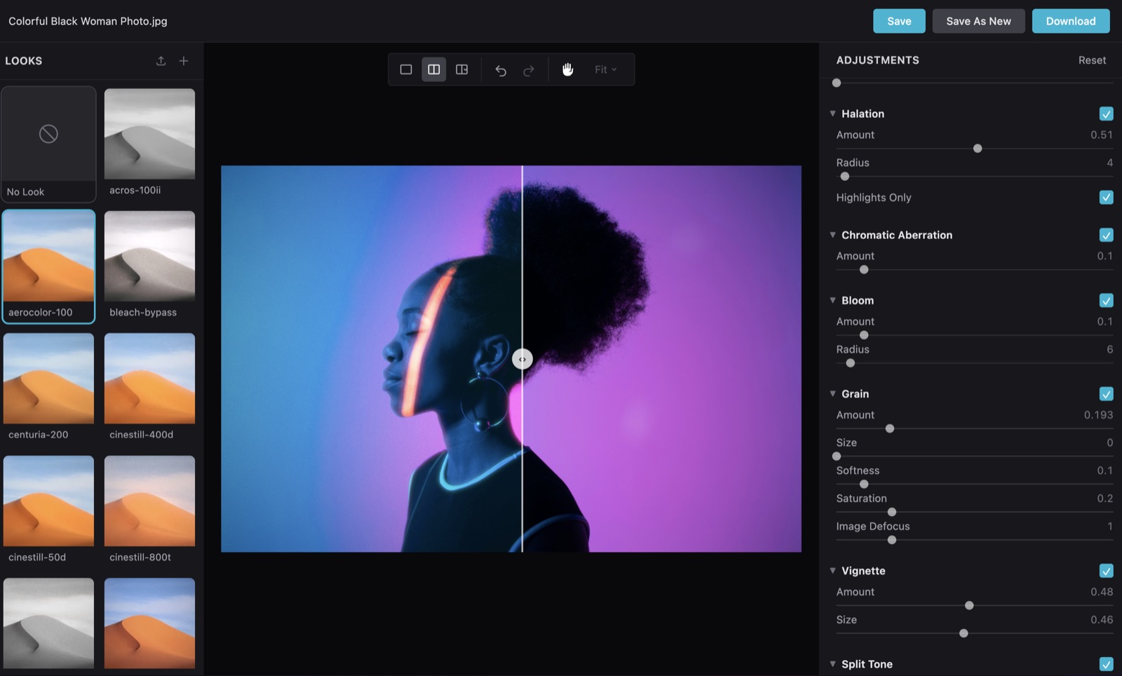 The hance browser editor with a split before/after preview, the looks panel on the left, and effect adjustments on the right.
